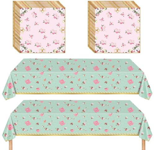 GHKJOK Afternoon Tea Decorations - Floral Tablecloth and Napkins Set, 2 PCS Disposable Tablecloth 137x274cm with 20 PCS Napkins for Garden Party, Weddings, Birthdays, Baby Shower Party Supplies