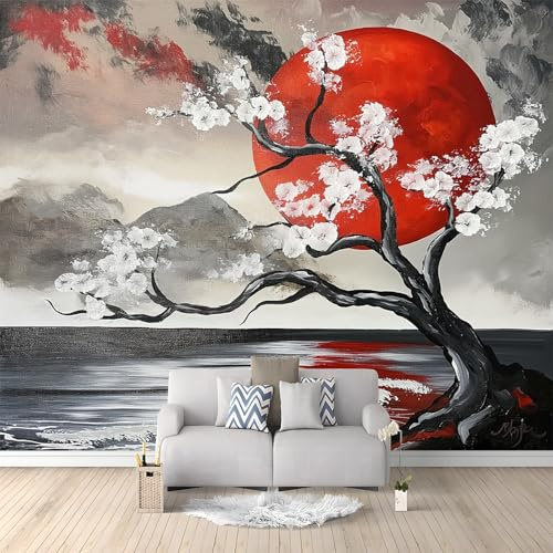 Poster Giganti da Parete Stile Giapponese Fiori Di Ciliegio Sole Rosso Grigio Fotomurale Carta da Parati TNT Murale alla Moda Decorazione da Muro, Fotografica Murale per Camera Letto Sala 400x280 cm