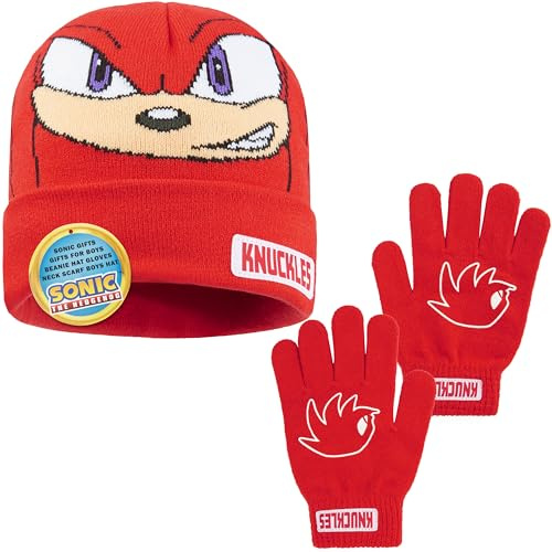 Sonic The Hedgehog mössa och handskar set för pojkar, åldrarna 4–12, mjuk stickad vintermössa och vinterhandskar, spelgåvor för pojkar, Röda knogar, 4-12 Years