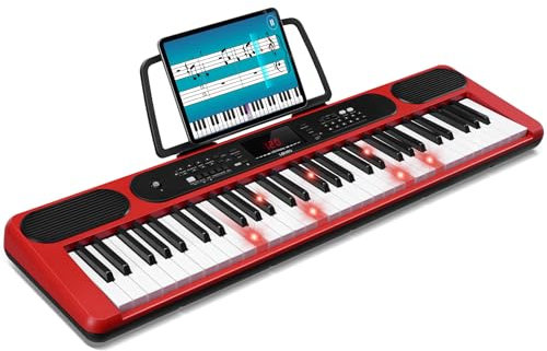 LEKATO Keyboard Piano mit 61 Tasten, Elektronisches Keyboard für Einsteiger mit Beleuchtete Tasten und LED-Anzeige, eingebaute Doppellautsprecher, Lernmodi, Notenständer, Rot