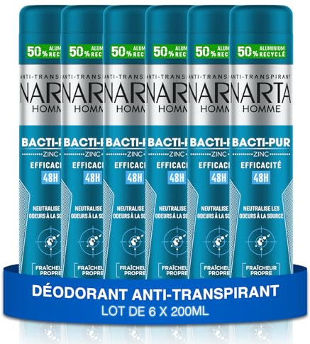 NARTA - Deodorant för män - Bacti-ren antiperspirant spray zink effektivitet 48 timmar alkoholfri - uppsättning med 6 x 200 ml