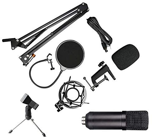 Kznifmk USB Microphone Condenser Mic Podcast Kit for/with Arm Stand Tripod USB Cable and Table Mounting Clamp Kit for Karaoke Game Video Recording Music Broadcasting