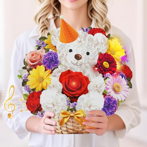 WUJUN Birthday Cards with MUSIC & LIGHTS for Women Bear & Daisy | 10 Inch Life Sized Forever Flower Bouquet Greeting Card for Wife Mom Daughter
