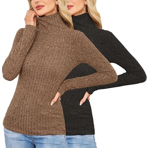 Women Long Sleeve Shirt High Neck Lightweight Undershirt Black, Coffee S