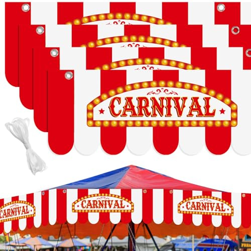 GliCraft 4 Pcs Carnival Awning Decorations Circus Tent Wall Decor Hanging Banners Red and White Stripe Canopy Stand Sign Circus Carnival Theme Party Supplies, 9.84 x 78.74 (Elegant)