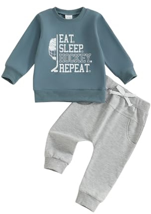 DNOMAID YZARC Toddler Baby Boy Hockey Outfit Eat Sleep Hockey Repeat Long Sleeve Sweatshirt Top Pants Set Fall Winter Clothes (Blue, 0-6 Months)