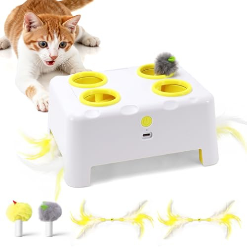 PETSWEET Cheese Box Interactive Cat Toy for Indoor Cats, 3-in-1 Whack a Mole Feather Toy, 3 Modes Rechargeable Auto Cat Toys for Bored Cats, 4 Holes Kitten Toy, 4 Accessories (White)