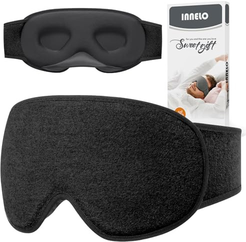 INNELO Maschera per dormire uomo donna, 3D migliorata blocca luce, con protezione per le orecchie, mascherina occhi ultra morbida e confortevole per chi dorme sul fianco, con chiusura a strappo, Nero