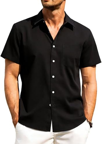 PrimeCrest Camisa Lino Hombre Manga Corta Verano Casual con Bolsillo