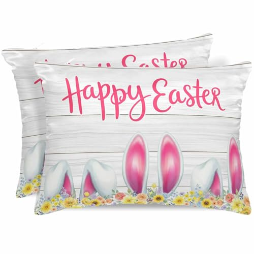 Easter Satin Pillowcase for Hair and Skin with Zipper, Soft Breathable Cooling Silk Pillow Cases, Spring Farmhouse Country Bunny Flower Wood Grain Throw Pillow Covers King Size 20x36 Set of 2