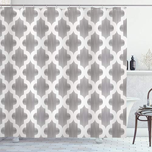 ABAKUHAUS Grau und Weiß Duschvorhang, geometrische Damast, Stoffliches Gewebe Badezimmerdekorationsset mit Haken, 175 x 220 cm, Dimgrey Weiß