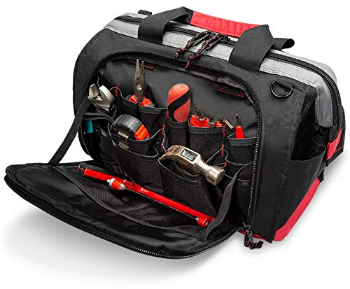 Pnochoo Tool Bag, Waterproof Tool Bags for Men or Women, 16-inch Wide Mouth Tool Bag Organizer with 25 Pockets for Tool Storage Bag, with Adjustable Shoulder Strap (Black/Red)