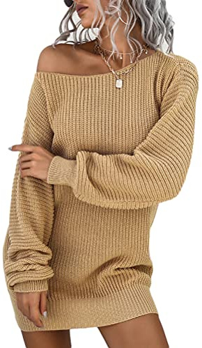 Onsoyours Robe Pull Femme Elégante Couleur Unie Sexy Robe Automne Hiver Tricotée à Manches Lanterne à Epaules Dénudées Kaki M