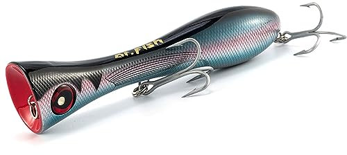 Dr.Fish Popper Salzwasser-Angelköder, GT Popper VMC Drillingshaken, Surf-Angelköder für Striper, Thunfisch, Barrakuda, Makrele, Snapper, Bluefish, Bleistift-Plugs Offshore, silberfarbene schwarze