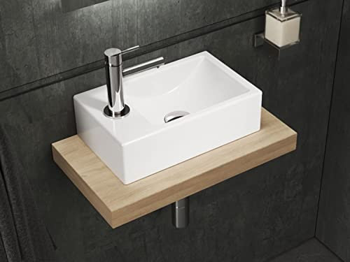 Aqua Bagno | Eckiges Waschbecken weiß glänzend, Loft Air Handwaschbecken Keramik, Hanhnloch links | 37 cm breit