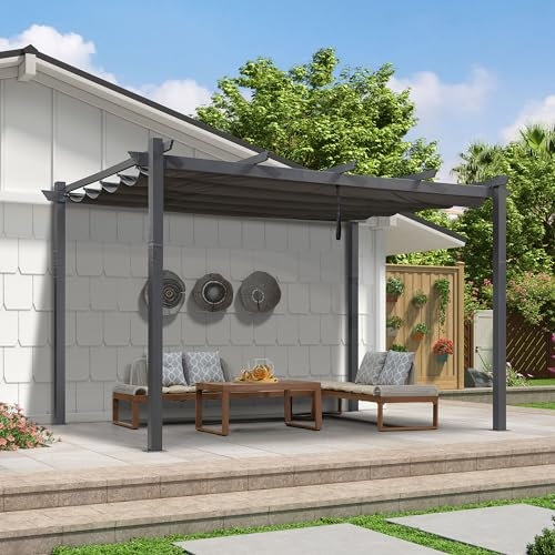 PURPLE LEAF Pergola Murale Aluminium 4 x 2,7 m Tissu Teint en Fil, Pergolas pour Terrasse Extérieur, Pergola Jardin Extérieur Toit Coulissante, Pavillon de Jardin, Gris