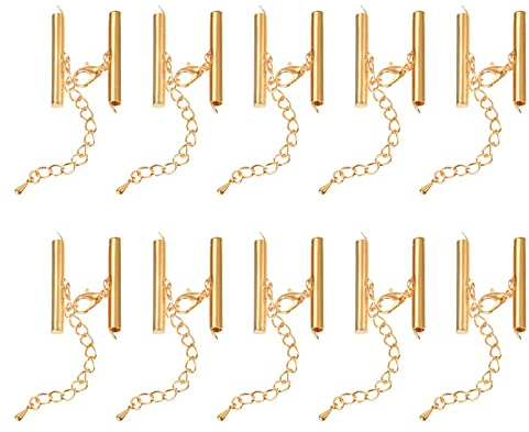 uxcell 10Sets Slide on End Clasps with Lobster Claw Clasps & Extension Chain, 30mm Tube Slider Crimp Cord Ends for DIY Craft Making, Light Golden