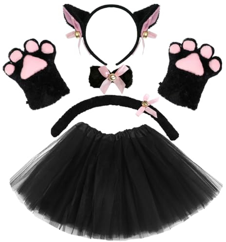Capaneus Costume Gatto Bambina, Costume Gatto Nero con Tutu Gonna, Cerchietti Orecchie da Gatto, Coda e Artiglio Guanti Gatto, Papillon per Bambini Carnevale Halloween Festa Cosplay Costume