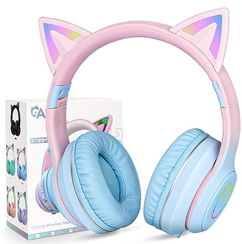 AXFEE Auriculares Inalámbricos Niños, con LED y Micrófono, Azul Degradado