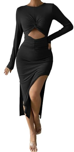 FDEETY Robe Femme Col Rond Manches Longues Cut Out Crayon Élégante pour Soirée Party Cocktail (Noir, L)