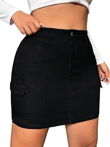WDIRARA Women's Plus Size High Waist Cargo Denim Skirt Flap Pockets Zipper Fly Bodycon Mini Jean Skirt Pure Black