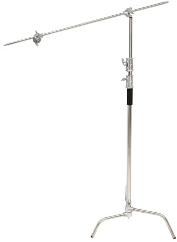 PINYELIN Soporte en C con brazo de sujeción de 4,2 pies, trípode de estudio, ajustable, acero inoxidable, altura máxima de 10,82 pies, trípode para estudio Monolight, softbox, reflector