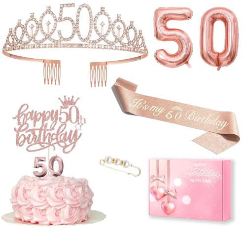 Decorazione per 50° Compleanno Donna - Corona, Fascia, Decorazione Torta, Candele, Palloncino in Pellicola Oro Rosa - Regalo per Feste