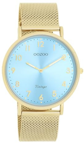 Oozoo Vintage Damen Uhr Gold/Hellblau | Armbanduhr Damen mit Mesharmband | Moderne Uhr für Frauen | Edle Analog Damenuhr in rund C20343 (40mm Gehäuse)
