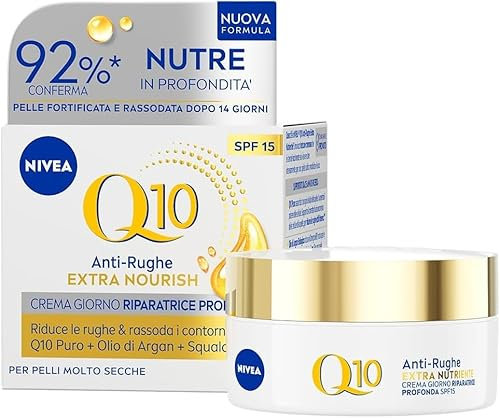 NIVEA Q10 Anti-Rughe Extra Nutriente Crema Giorno Riparatrice Profonda SPF 15 50 ml, Crema viso antirughe e idratante, Crema viso pelle secca e matura con Coenzima Q10, Olio di Argan e Squalane