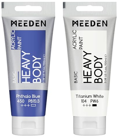 MEEDEN Acrylic Paint Phthalo Blue: 100ml/3.38oz x 2 with Titanium White | Heavy Body Artist Acrylic Paint Set for Canvas, Wood & Craft, Non-toxic Creamy Art Paint with Titanium White for Mixing