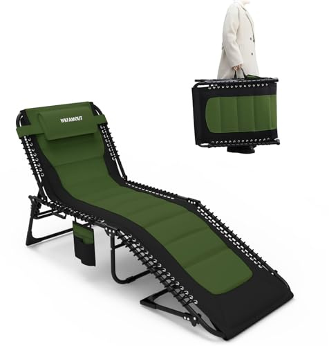 WKFAMOUT Sonnenliege Klappbar Gartenliege 5 Verstellbarer Rückenlehne Outdoor Faltbar Dreibeinliege Strandliege Campingbett bis 120KG mit Kissen Seitentasche 190x59CM Grün