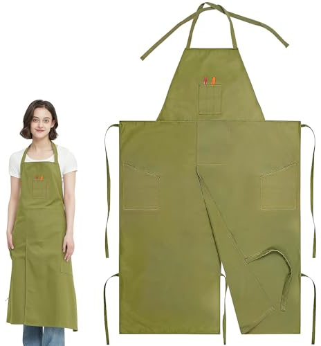 OGMBI Split Leg Pottery Apron, Canvas Ceramics Apron with 3 Portable Pocket, Adjustable Waterproof Full Coverage Aprons for Women Men DIY Ceramic Gardening Sculpture (Army Green)