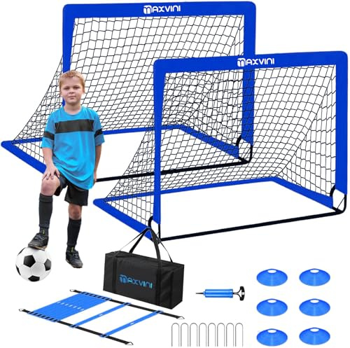 MAXVINI Buts de Football pour Jardin Enfants, 182x120x120cm Cage de Foot But Set Pop-Up Pliable y Compris 6 Petits Chapeaux, Ballon de Football, échelle d'entraînement, Pompe à Ballon, Sac Transport