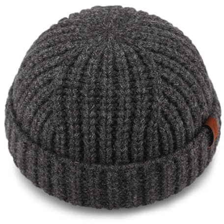 KNITDAY Chunky Wool Fisherman Short Beanie Hats Skull Cap for Men, Mens Thick Skater Streetwear Fishermans Beanie Warm Winter Knit Daily Hat (Dark Grey)