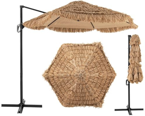 RELAX4LIFE Parasol de Plage Hawaï Tropicale Φ283cm, Parasol Cocotier en Paille PE avec 8 baleines, Double Toit Manivelle pour Plage Patio Piscine