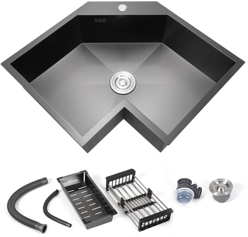 Black Corner Kitchen Sink, 25 Butterfly Design Drop-in 304 Stainless Steel Sink, Large Modern Kitchen Sink with Drain Rack & Tray, Noise Reduction Undermount Workstation Sink
