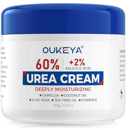 OUKEYA Urea Creme 60% + 2% Salicylsäure & Vitamin E, Intensiv Repair für extrem trockene & rissige Haut an Füßen, Ellenbogen und Händen, Entfernt Hornhaut, mit Antioxidantien, nicht fettend, 150g