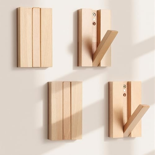 KYIAANY Wall Hooks for Small Space: 2Pack Foldable Wood Natural Coat Hooks