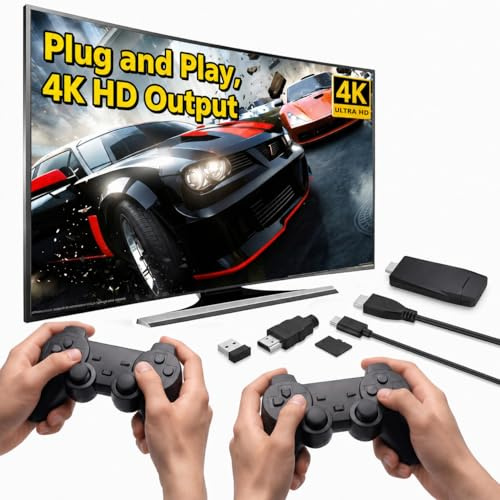 Whatsko Console Rétro 64 Go, Console de Jeux Vidéo et 2 Manettes sans Fil, Plug and Play, Sortie 4K HDMI pour téléviseur, Ordinateur ou projecteur, pour Les Familles et Ami