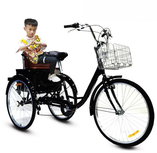 Vuxen trehjuling, 7-växlad trehjuling, 3 hjul, med bekväm sits, ryggstöd, lastkorg, tandem för föräldrar och barn, perfekt för träning, shopping eller bildning