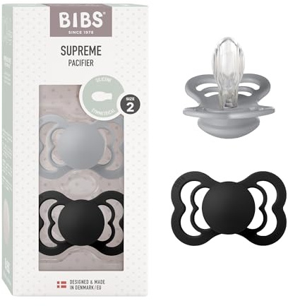 BIBS Supreme Schnuller 2er-Pack, BPA-frei, Symmetrischer Nippel. Silikon, Hergestellt in Dänemark. 6-18 Monate (2er Pack), Cloud/Black