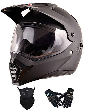 Casco de Motocross Negro con Guantes Máscara, Visera Doble, Casco Cross Motocicleta Casco Enduro Integral Adulto Casco MTB Descenso Bici Moto Off-Road Racing Quad Scooter Mujeres Hombres,L