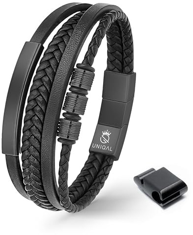 UNIQAL | Lederarmband Herren BLACK SHAPE Mens Bracelet | Edelstahl, Echtleder | Etui Box Gratis (Schwarz, 23.00)