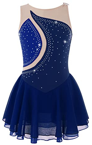 Alvivi Vestido de Patinaje Artístico Hielo de sin Mangas Niñas Maillot Gimnasia Rítmica con Falda Tul Decorado con Pedrería Multicolor Disfraz de Bailarina Y Azul Oscuro 11-12 años