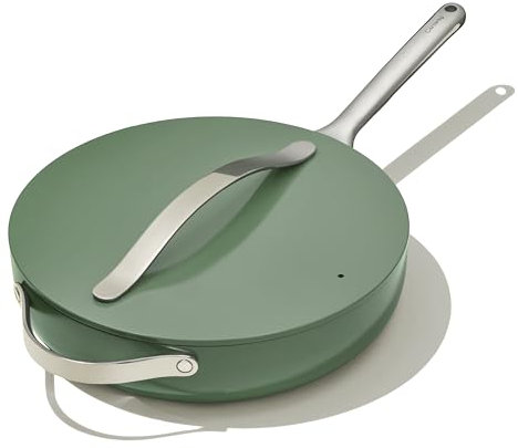 Caraway Ceramic Sauté Pan with Lid – Durable, Non-Toxic Ceramic Coated Interior – Stainless Steel Handles – Induction, Gas, & Electric Stovetop Safe – Oven Safe – Sage