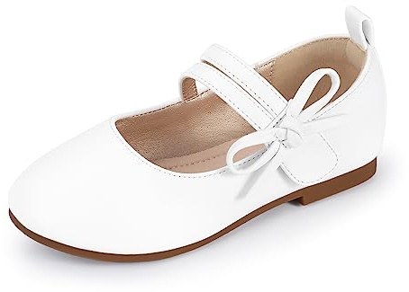 PANDANINJIA Naomi Girls Dress Shoes Mary Jane Ballet Flats Flower Girl Wedding Party Communion Shoes for Toddler Little Kid Big Kid (White Pu, 4 M US Big Kid)