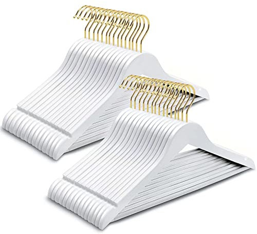 Amber Home Kleiderbügel aus Massivholz, glatte weiße Oberfläche, Kleiderbügel mit rutschfester Hosenstange, Kleiderbügel mit goldfarbenem Haken und Kerben für Jacke, Hose, Hemd, 20 Stück (Weiß + Gold,