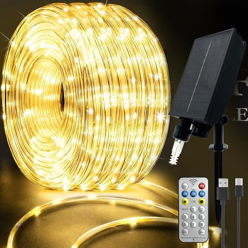 calflux LED Schlauch 20m Wasserdicht,USB & Solar Lichterschlauch Aussen,für Innen außen,8 Modi,Timer,Fernbedienung,Wetterfest Lichterkette für weihnachten Hochzeit Party Deko,(Warmweiß)