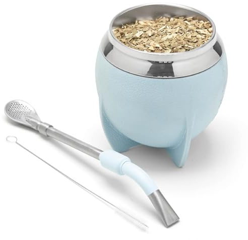 BALIBETOV Yerba Mate Cup And Bombilla Set, Includes Stainless steel Yerba Mate Gourd, Premium Bombilla Mate and Cleaning Brush (Light Blue)