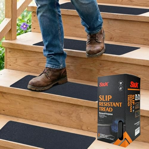 S&X Stair Treads Non Slip Outdoor Grip Tape 12-Pack 8” x 30” Pre-Cut Anti Slip Tape, Safety Non Skid Traction Tread for Stairs, Steps, Black